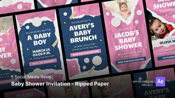 Social Media Reels – Baby Shower Invitation Ripped Paper Style After Effects Template